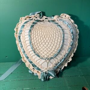 Vintage Elegant Heart-Shaped Lace Pillow with Ribbon Accents